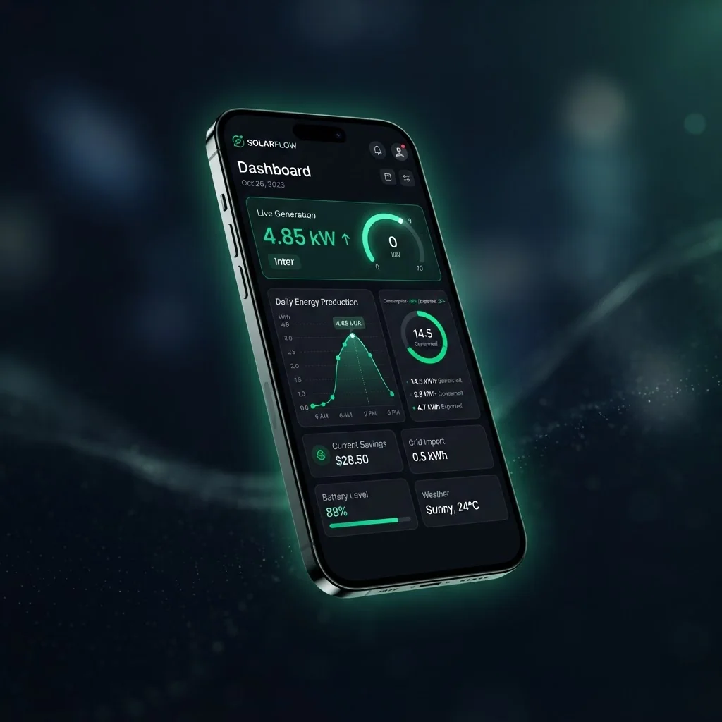 Solar monitoring app dashboard on a phone