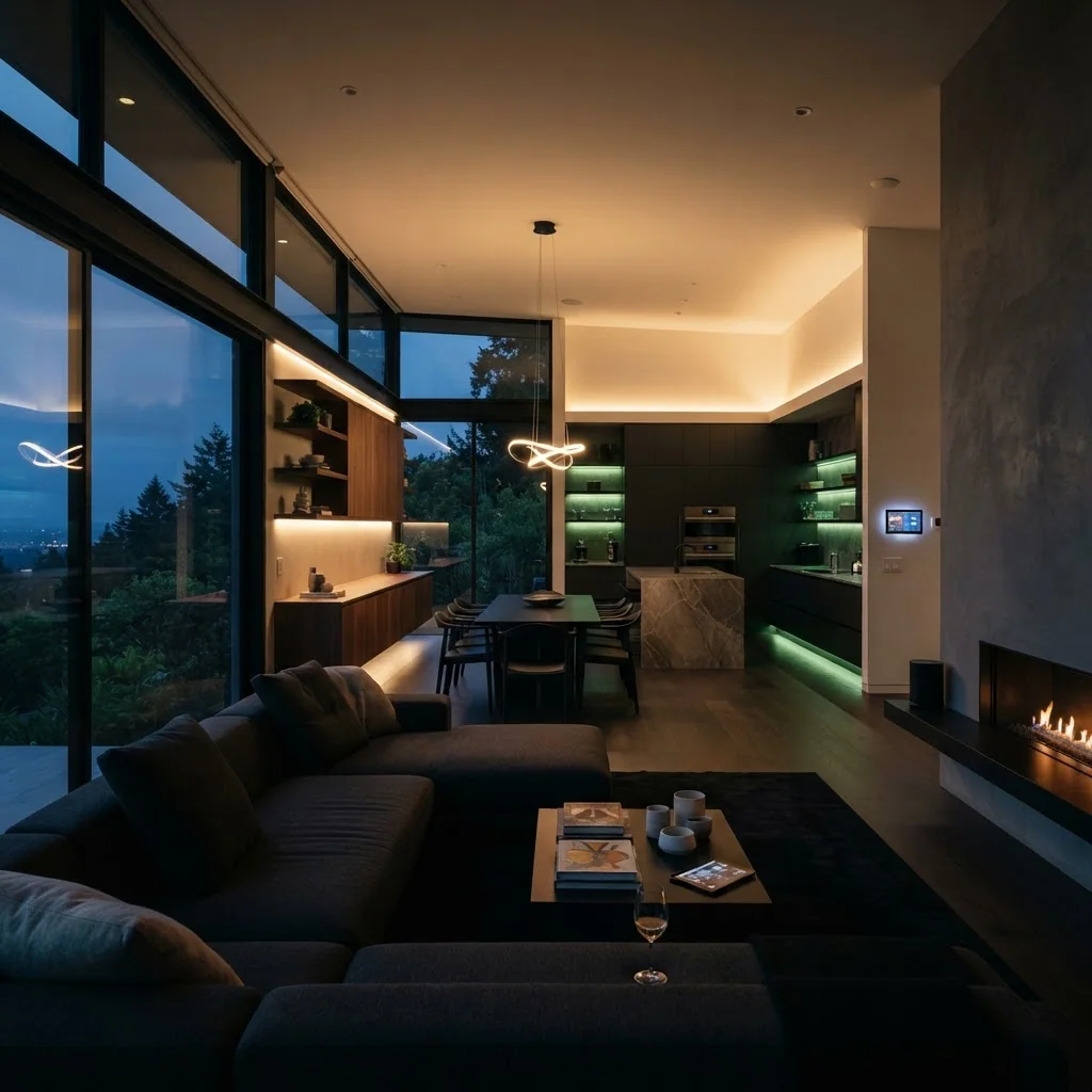 Smart home interior at night