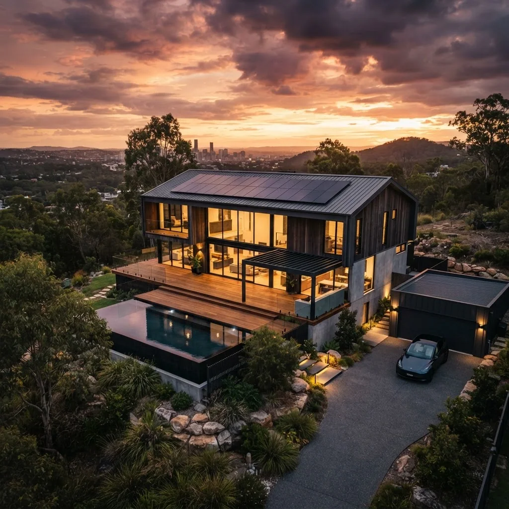 Modern home at dusk with rooftop solar